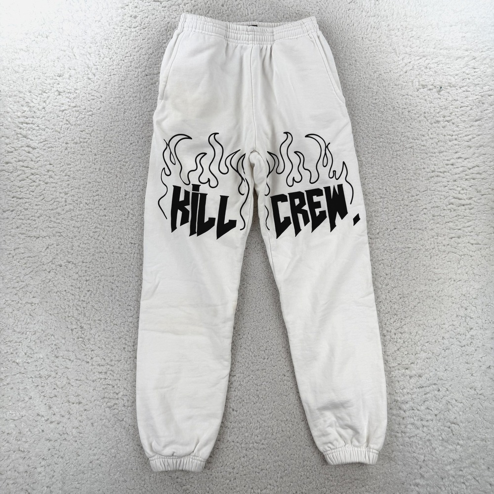 Kill Crew Sweatpants Mens Small White Fleece Jogger Pants Flame Y2K Skater Surf
